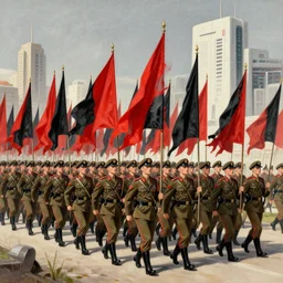 army parade glorious march, futuristic alternate timeline, anarcho - communist hordes, red and black flags, art by max ernst