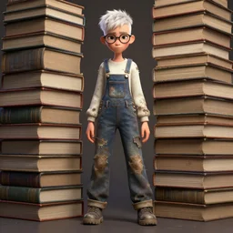 full body pose, beautiful adult book fairy, no glasses, pixar, short white hair shaved sides, dirty, grungy, grunge, long sleeve, painted overalls, stacks of giant books, highly detailed, 4 k, hdr, smooth, sharp focus, high resolution, award - winning photo, artgerm, photorealistic