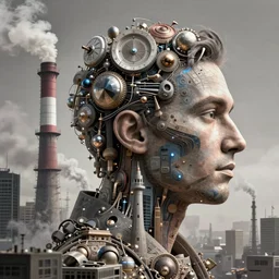 a profile portrait of male technology, made of smoke stacks, buildings, pollution, character portrait, facing right!!!, ultra realistic, wide angle, intricate details, the fifth element artifacts, highly detailed by peter mohrbacher, hajime sorayama, wayne barlowe, boris vallejo, aaron horkey, gaston bussiere, craig mullins