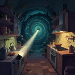 naive nerikomi, weird perspective, extra narrow, detailed illustration of a kitchen dim lit by flashlight in a scenic spiral environment by anton fadeev from lorax movie, trending artstation, vector art