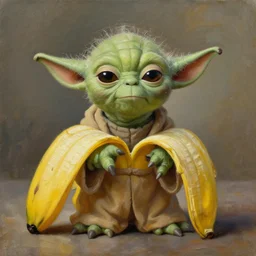 oil painting of Yoda inside a banana peel