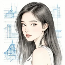 beauty aisan girl, illustration, by christophe young, blueprint
