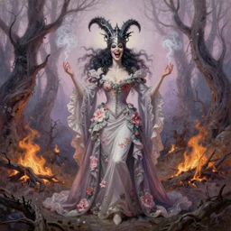 full body shot, malevolent witch facing front laughing maniacally, smoke hair, ornate crow helmet, floral dress, dead forest on fire, fantasy, intricate, photorealistic, elegant, stylish, highly detailed, smooth, sharp focus, oil painting by barry windsor - smith, pastel colors
