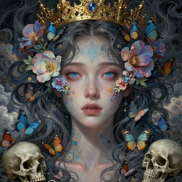 ornate, intricate, young, beautiful, woman, sad bleu eyes, fractal patterns, ethereal, flowers covering eyes, flowing hair, cinematic by Tsutomu Nihei by Emil Melmoth, Gustave Dore, Craig Mullins, yoji shinkawa,Luis Royo, skulls, artstation, pete morbacher, hyper detailed, high detail, artstation, rendering by octane, unreal engine, cinematic, ghost, clouds, colors, paint strokes, butterflies, gold, crown,
