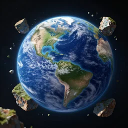 big chunks of land float into the sky to leave earth, in space, floating land, realistic