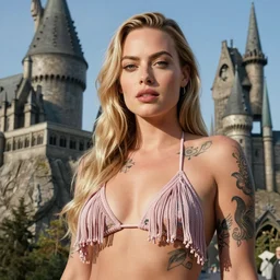 margot robbie portrait posing in a tassel bikini in front of hogwarts, tattooed body, highly detailed and realistic face, beautiful detailed eyes, fantasy art, in the style of greg rutkowski, illustration, epic, fantasy, intricate, hyper detailed, artstation, concept art, smooth, sharp focus, ray tracing, vibrant