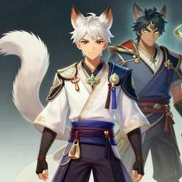 A handsome kitsune man, official Genshin Impact character concept, League of Legends official character concept, anime, by Artgerm and Sakimichan, professional character designer, trending on  Artstation, highly detailed, cgsociety