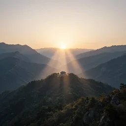 a serene mountainous landscape with a singular building at sunrise, concept art, octane render, unreal engine 5, trending on DeviantArt, highly detailed, high quality, 4K, symmetrical, godrays, complementary colors, path traced, matte painting, breathtaking landscape, epic image, soft lighting