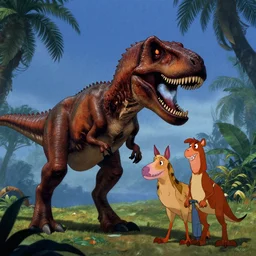 Film screenshot of the original Jurassic Park movie by Disney Animation Studios, cel shading, by Andy Gaskill and Rob Minkoff and Walt Disney.
