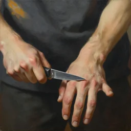 an award - winning masterpiece painting of a man cutting his own hand, by joan cornella, trending on artstation, featured on pixiv, detailed, hd,