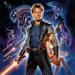 movie poster with brendan fraser starring in a space opera, alien companion, space ships, evil villain, laser blasts, damsel in distress, cosmic horror painting, elegant intricate digital painting artstation concept art by drew struzan detailed