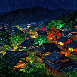 a beautiful artwork illustration, rainy medieval japanese village at night, high contrast, high contrast, high contrast, vibrant colors, vivid colors, high saturation, by Greg Rutkowski and Jesper Ejsing and Raymond Swanland, featured on artstation, wide angle, vertical orientation