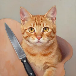 knife palette oil painting of orange tabby kitten with golden eyes