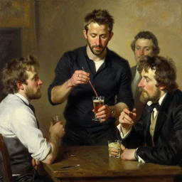 ryan reynolds mixing drinks painting by gaston bussiere, craig mullins, j. c. leyendecker, tom of finland
