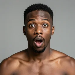 a black male with no shirt looking very surprised to the camera, making a shocked face