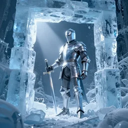 shiny knight frozen inside a block of ice, as viewed from outside, his sword is near him inside the ice, while a single ray of light comes from an opening in the wall, fantasy render, unreal engine 5, octane, raytracing, light transport, artstation