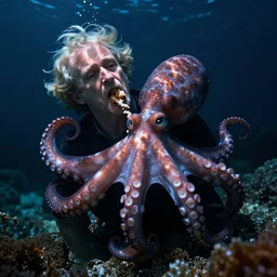Ronald mcdonald eating an octopus underwater