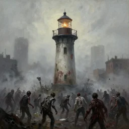 Zombie horde attacking a lighttower in an zombie apocalyptic city, oil painting, detailed, foggy