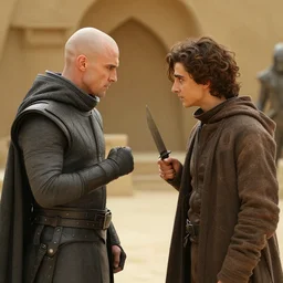 a kindjal-knife-fight between bald_ominous_brooding_Austin_Butler_as_Feyd-Rautha_Harkonnen against Timothee_Chalamet_as_Paul_Atreides, in an arena fight-pit in movie Dune-2021, golden ratio, clear gaze, detailed eyes