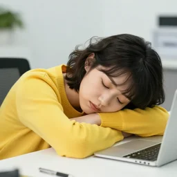 tired woman with short wavy black hair resting at her office, wearing yellow sweater with white horizontal stripes, intricate illustration by krenz cushart, alphonse mucha, artgerm, trending on artstation