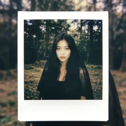 polaroid vintage of a woman with black veil in the forest