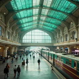 cinematic movie scene, establishing shot, precise architectural rendering, interior of british era india railway station, bustling with people and, emerald, crystalline, detailed illustration, sharp focus, concept art, unreal engine, octane render, god rays, aesthetic