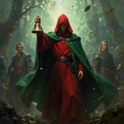 ''cinematic shot'' red hooded mage ( spectre ) with leaves falling simetrical 8 k atmosferic realistic, green cape, holding a bell, made by ivan aivazovsky, peter mohrbacher, greg rutkowski volumetric light effect broad light oil painting painting fantasy art style sci - fi art style realism premium prints available artwork unreal engine