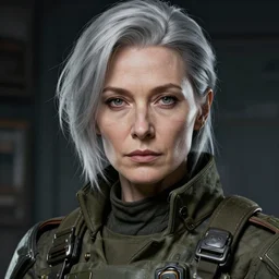 A beautiful dieselpunk older woman in military fatigues || aged face, VERY VERY ANIME!!!, fine-face, age lines, silver hair, realistic shaded perfect face, fine details. Anime. realistic shaded lighting poster by Ilya Kuvshinov katsuhiro otomo ghost-in-the-shell, magali villeneuve, artgerm, Jeremy Lipkin and Michael Garmash and Rob Rey