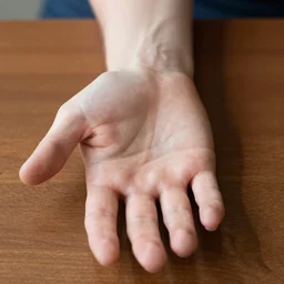 looking down at my hand. it is open with the palm facing down towards the table, accurate, focused, detailed