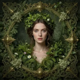 centered beautiful detailed front view portrait of a woman with ornate greenery growing around, ornamentation, flowers, elegant, beautifully soft lit, full frame, by wayne barlowe, peter mohrbacher, kelly mckernan, roberto ferri