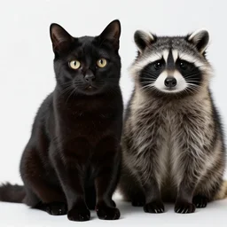 a closeup photorealistic photograph of a black cute adult cat sitting on 4 paws next to big a black and white adult racoon in a field of poppy  with a red sunset in the background. This 4K HD image is Trending on Artstation, featured on Behance, well-rendered, extra crisp, features intricate detail and the style of Unreal Engine.