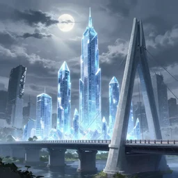 anime key visual of glowing crystal skyscrapers near a huge modern stone bridge stone bridge in the foreground, overcast sky with moonlight rays between clouds, crumbling ancient skyscrapers, style of jamie wyeth james gilleard edward hopper greg rutkowski, hd 4 k, hyperrealistic, extreme detail, anime style