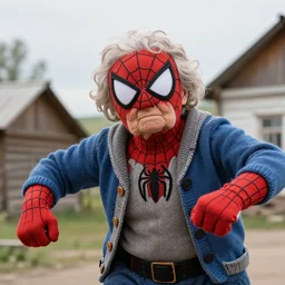 stunning dslr photograph of ( ( ( ( granny spiderman ) ) ) ) in rural russia town, knitted suit, closeup, dynamic pose, closeup, aperture 1. 2