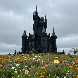A very intrincated and ominous tall black castle stands in the middle of an plain covered with colorful flowers