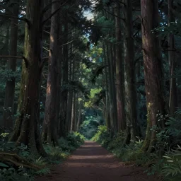 a path in an ancient forest, big and tall trees, evening light, soft light, noir, studio ghibli, mysterious