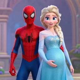 spiderman and pregnant princess elsa go on an adventure, cinematic render, into the spiderverse 2 0 1 8, sony animation official media