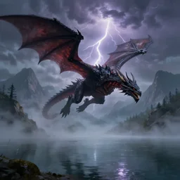 captured person by flying dark dragon, over a lake, mist, fog, lightning and thunder, mountains in background, detailed digital painting, dungeons and dragons, trending artstation
