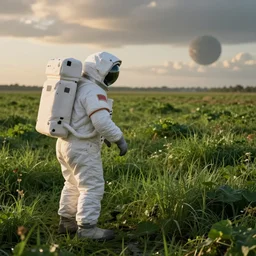 An astronaut exploring a green swamp in an alien planet at golden hour