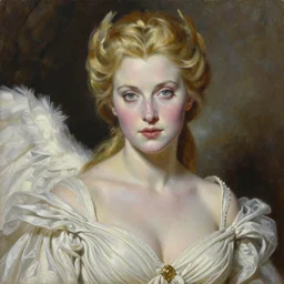 exquisite oil painting on canvas of gwendoline christie portraying lucifer, woman's portrait, gorgeous face, goldilocks, porcelain looking skin, piercing stare, unique and intricate painting, stunning ivory dress, elegant, majestic, 4 k, ultra high quality, canon, hyperrealist, by annie leibovitz