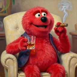 still from kids tv show, retired barney, sitting in a lounge, sipping whiskey and smoking a cigar, oil on canvas, intricate, portrait, 8 k highly professionally detailed, hdr, cgsociety