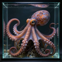 a widescreen closeup detailed photo of a detailed detailed detailed giant giant octopus inside a glass cube, by steve mccurry octane render 8 k