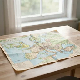 old fictional map on a table near window with a daylight pouring through surrounded by compass and hourglass and sextant, bokeh, focus on map, artstation, digital art