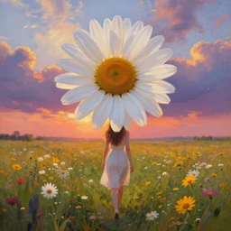 giant daisy flower as face, full body, girl walking in a flower field, surreal photography, sunrise dramatic light, impressionist painting, colorful clouds, digital painting, artstation, simon stalenhag, flower face