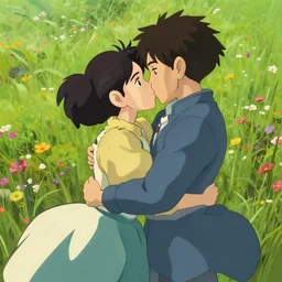 a wholesome animation key shot of two lovers kissing at a beautiful grass field with flowers, howl's moving castle inspired by studio ghibli, animation, sharp, rendered in unreal engine 5, focused, anime key art by greg rutkowski, bloom, dramatic lighting