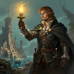 concept art of a swashbuckler holding a candle holder discovering a sunken city, glasses, wearing a cape highly detailed, digital art, illustration, artstation, very detailed, 4 k