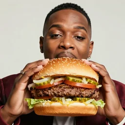 doja cat eating a massive big mac hamburger, extra pickles and onions, ultra detailed, style of norman rockwell, style of richard corben, 4 k, rule of thirds.