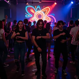 friends dancing at an alternative concert facing the camera, body forward, in the back a crowd and neon art, abstract style