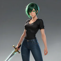 name : rose, gender : female, race : human, clothes : jeans and a black shirt, weapon : sword, special power : healing, eye color : green, hair color & style : short, spiky, body type : slender, made by stanley artgerm lau, wlop, rossdraws, artstation, cgsociety, concept art, cgsociety, octane render, trending on artstation, artstationhd, artstationhq, unreal engine, 4 k, 8 k,