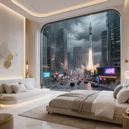 a futuristic confy white bedroom, with wood and gold details and a huge glass window overlooking blade runner 2 0 4 9 city architecture, space x starship rocket launch site, environmental lighting, stormy weather, ray tracing, amazing view, highly detailed, heavy traffic, neon shops, octane render, unreal engine 5, 4 k