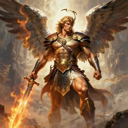biblically accurate angel, epic propaganda poster, holding a flaming sword, strength, health, confidence, in the style of magic the gathering cart art, hypermasculine, ancient soldier